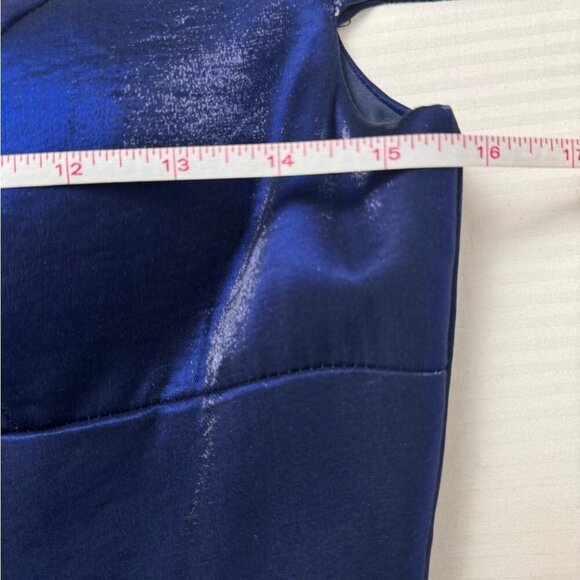 Elegant Navy Blue Gown Size 4 Shimmer Off‑Shoulder A‑Line High Slit Lace‑Back - Picture 13 of 16